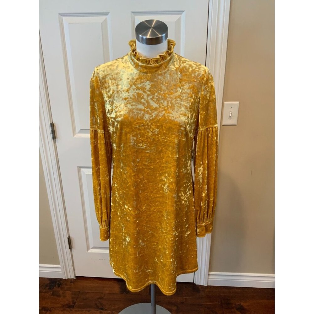 Derek Lam Gold Velvet Ruffle Neck Mini Dress